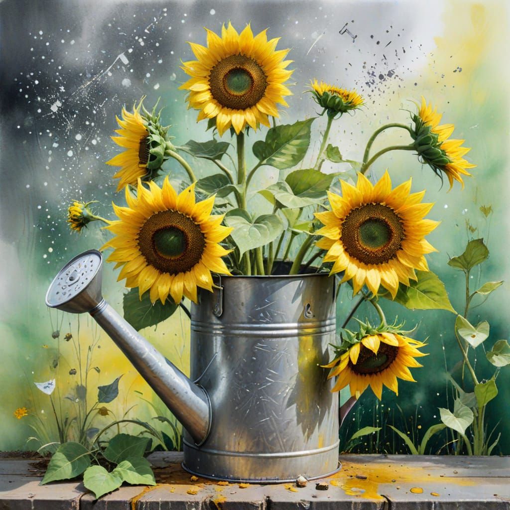 Sunflowers in Watering Can: A Magical Chinese Ink Painting