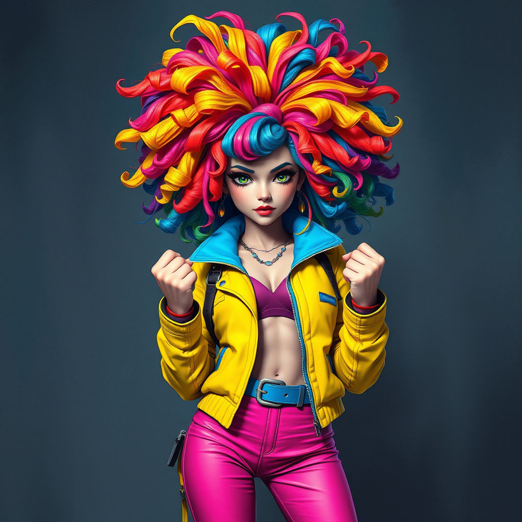 Colorful Woman with Rainbow Wig, High-Fantasy Concept Art