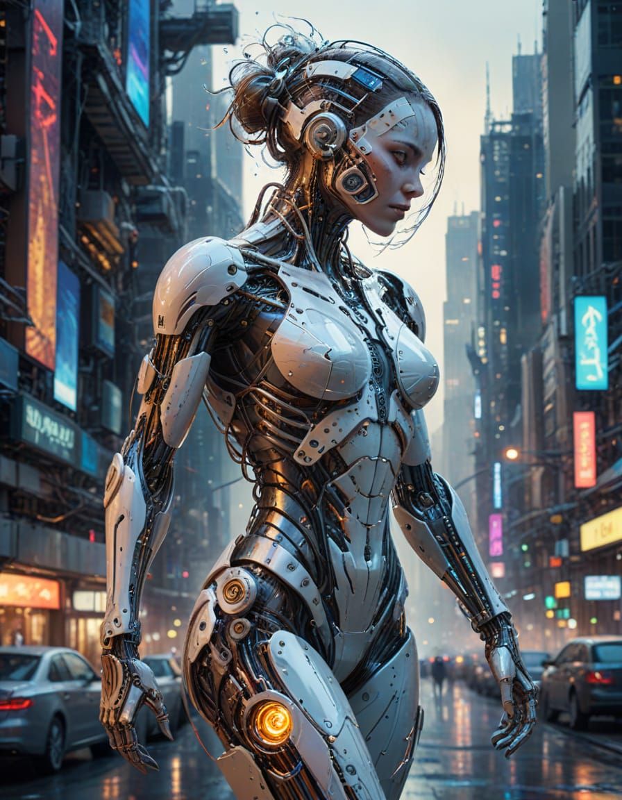 Futuristic Cyborg in Digital Cityscape: AI Generated Art