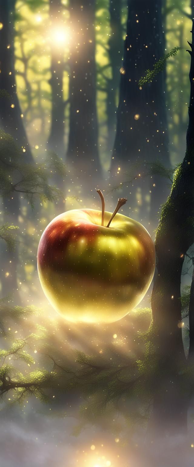 Golden Apple Shines in Mystical Forest: 3D Anime Art