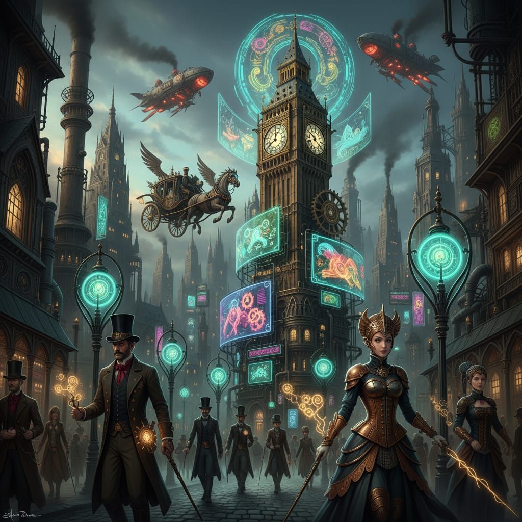 Victorian London Reimagined with Futuristic Tech and Neon Li...