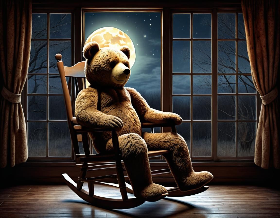 Teddy Bear in Rocking Chair at Night