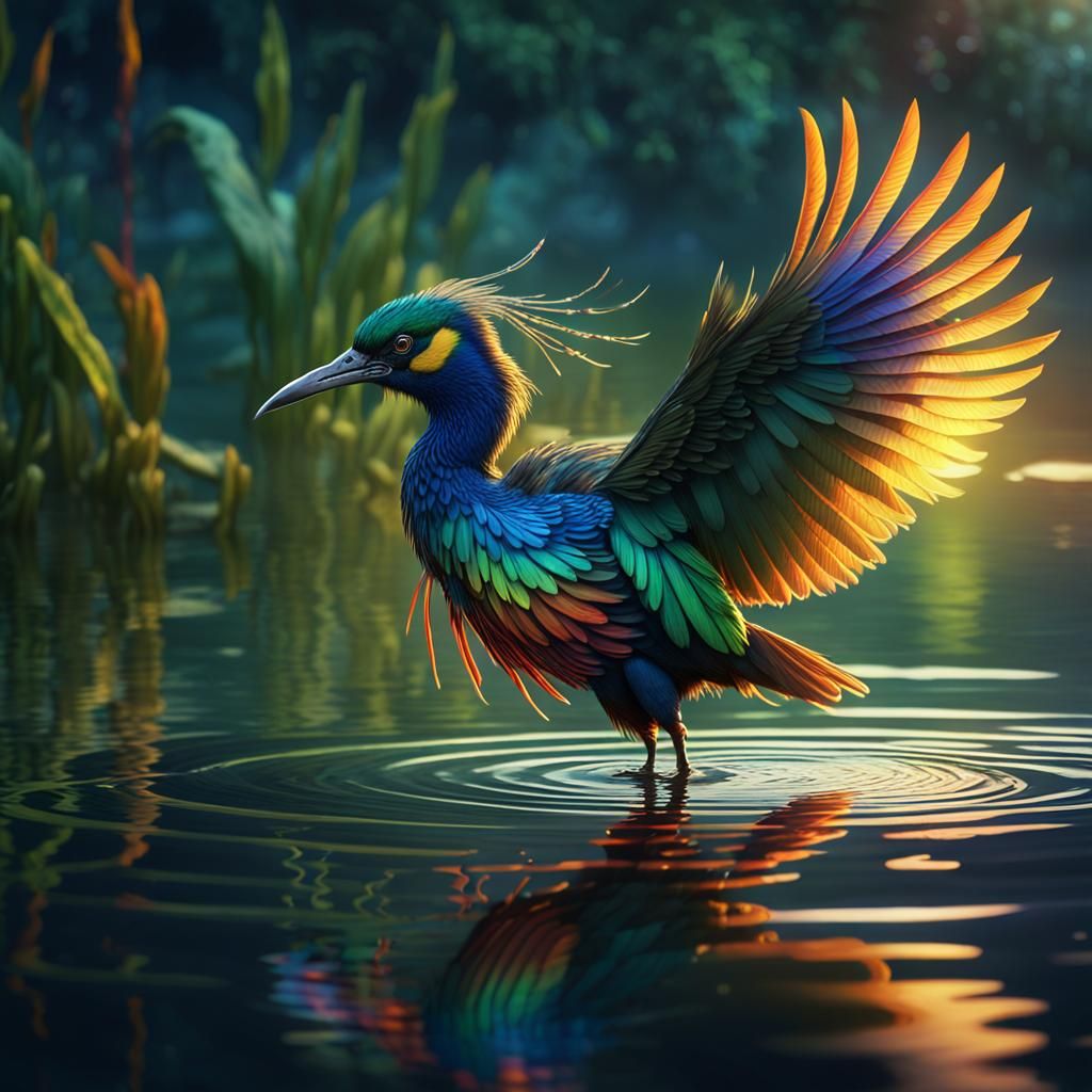 Paradise Bird in Magical Lake: Fantasy Digital Art