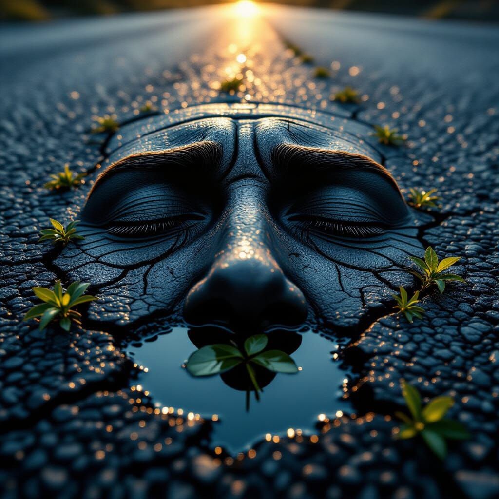 Surreal Face Emerges from Rain-Soaked Asphalt in Golden Hour