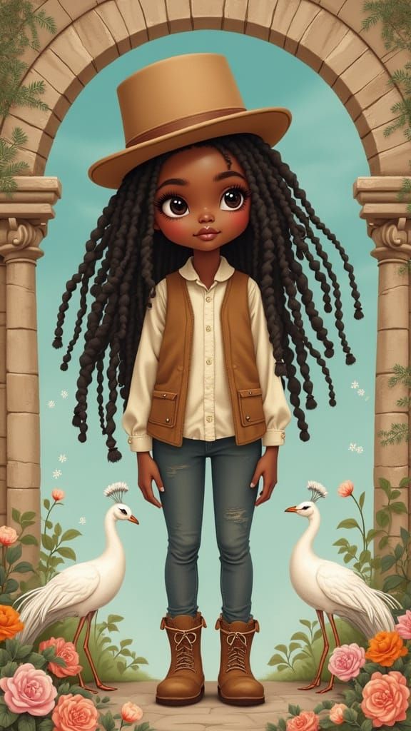 Dreamy Fairytale Collage with Girl, Peacocks and Chalk Art