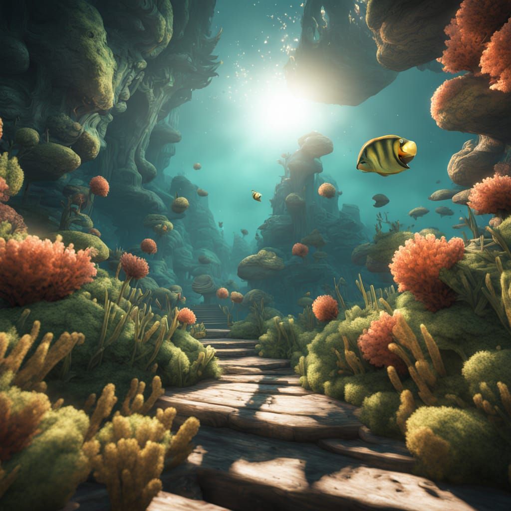 Man Surrounded by Giant Sponges in Sickly Underwater Light