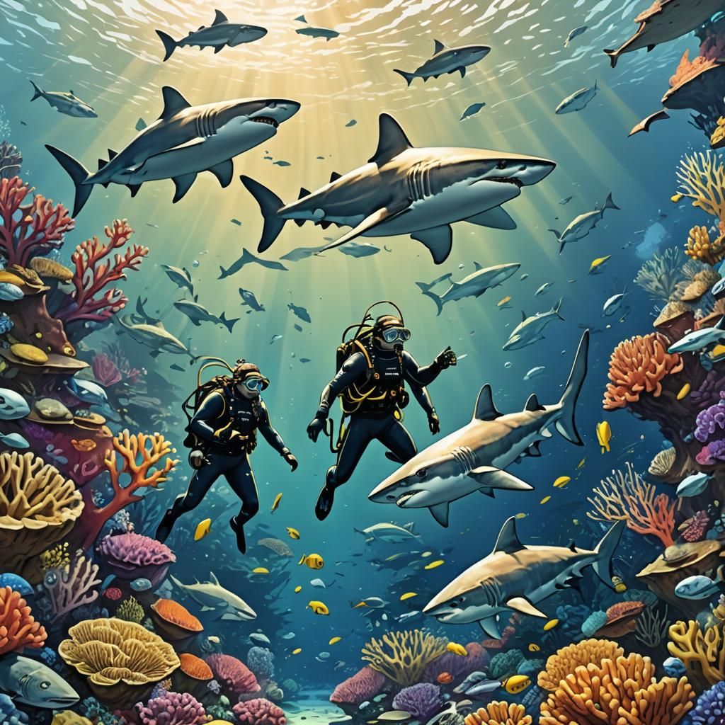Diver and Sharks in Anime Style Over Coral Reef