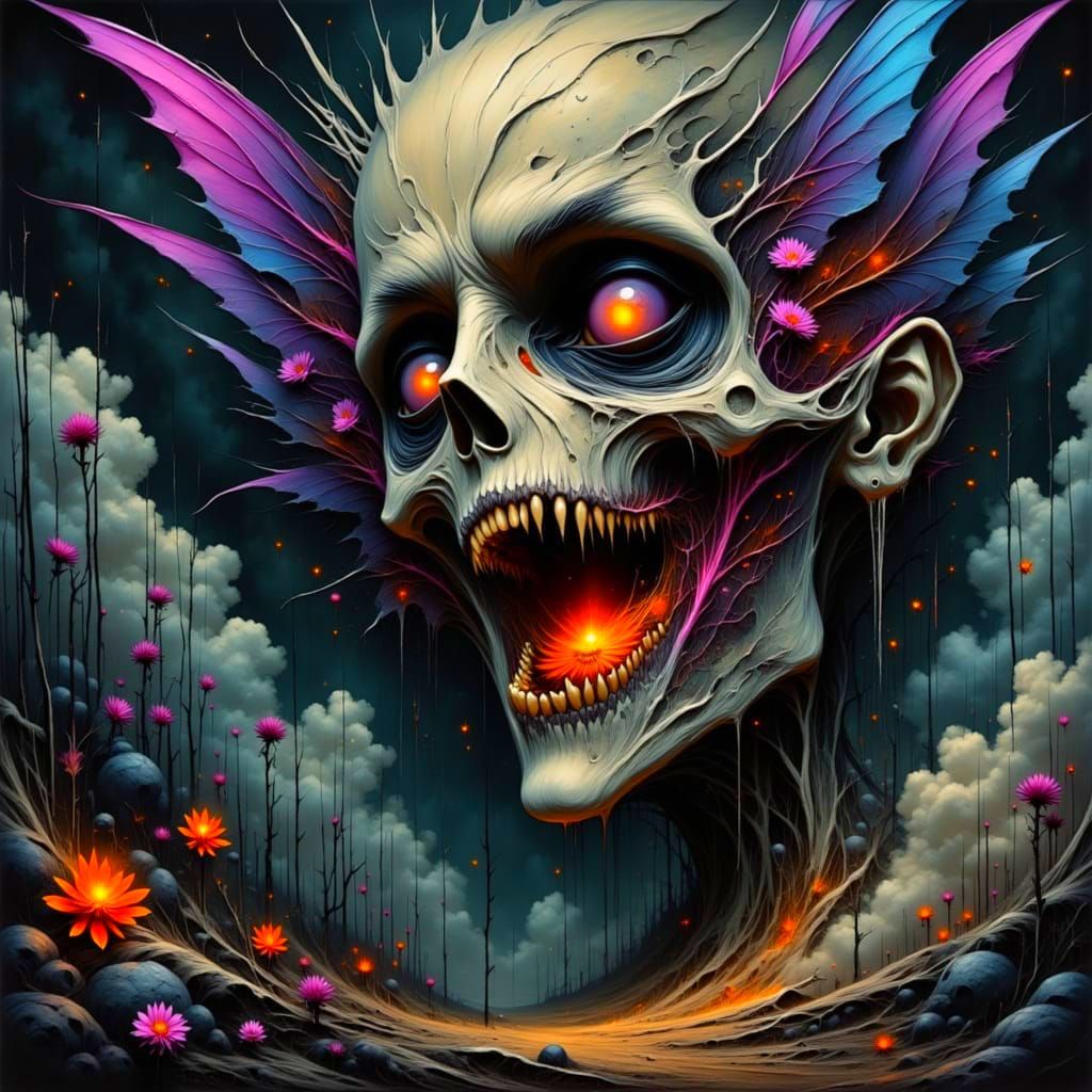 Surrealist Dark Fairy in a Haunting, Futuristic Landscape