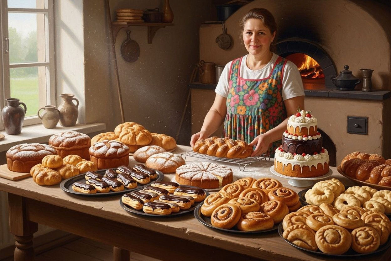 Appetizing Russian Bakery Display of Traditional Breads