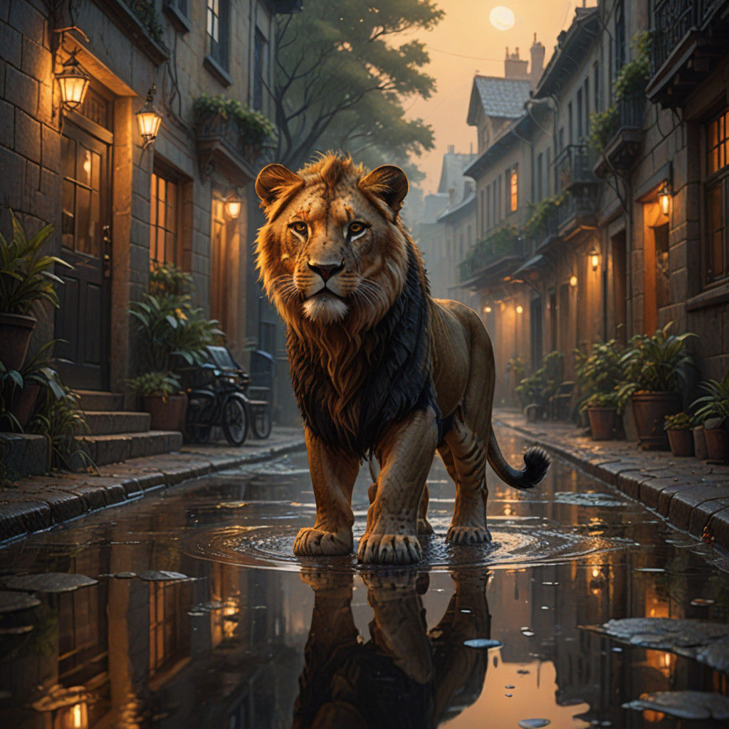 Child and Lion Cub in Puddle of Water on Cobblestone Street...