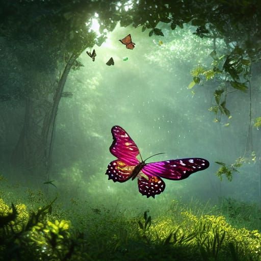 Butterfly in Birdcage, Art Nouveau Green Forest