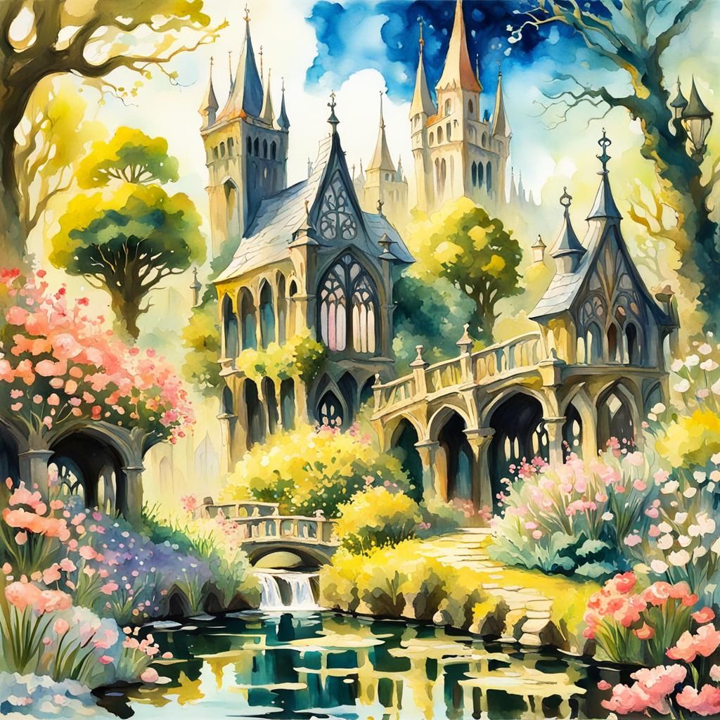 High Gothic Fairytale Town in Spring Sunlight