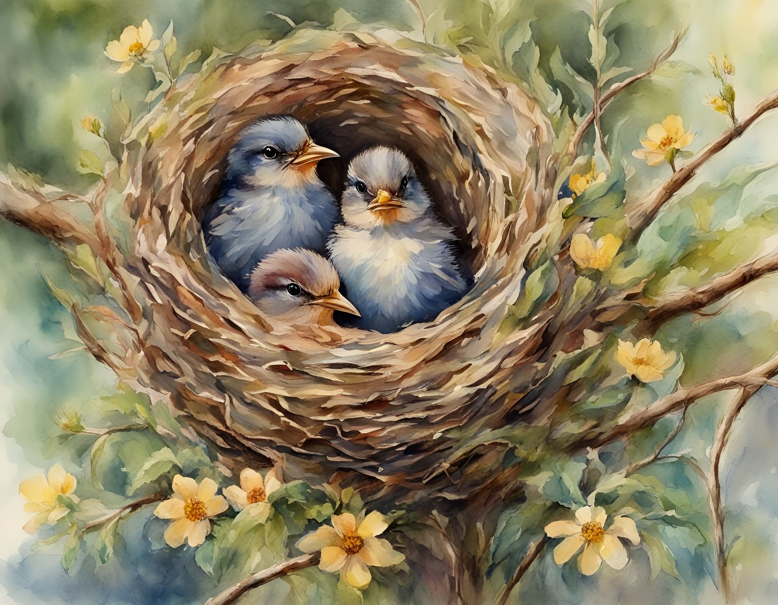 Baby Birds in Nest: Folk Art Watercolor