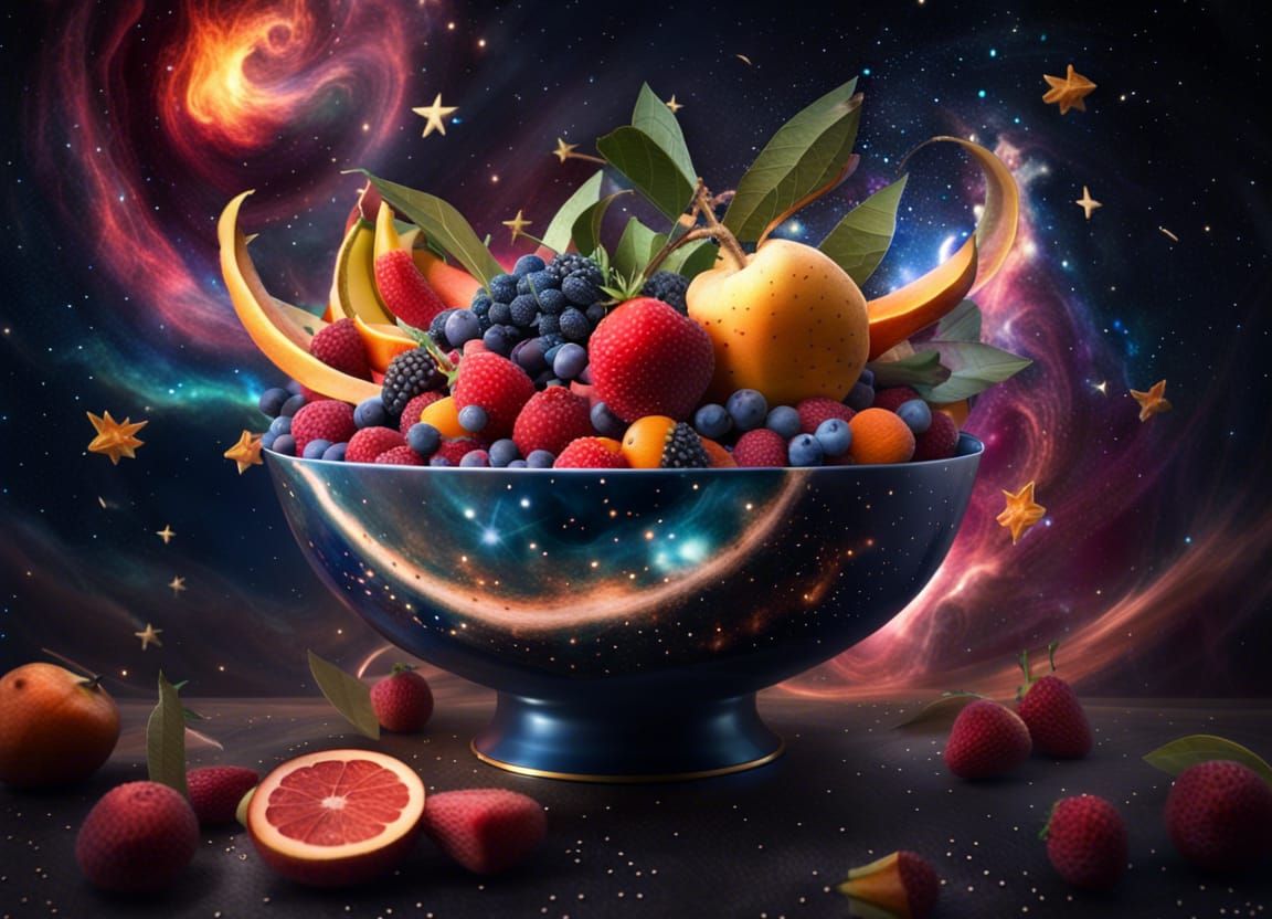 Surreal Fruit Bowl Flies Through Space Nebula