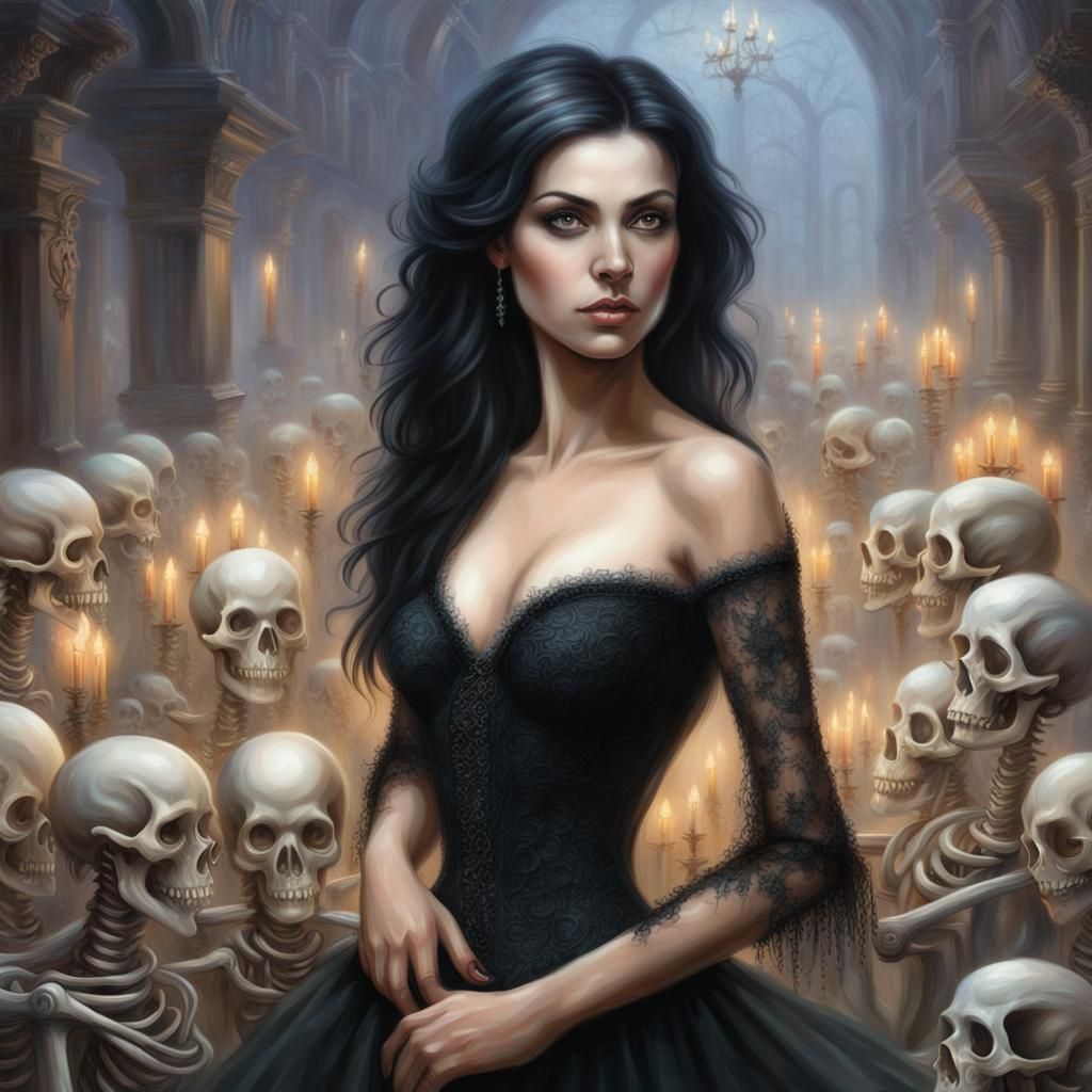 Ethereal Skeleton Woman in a Black Dress
