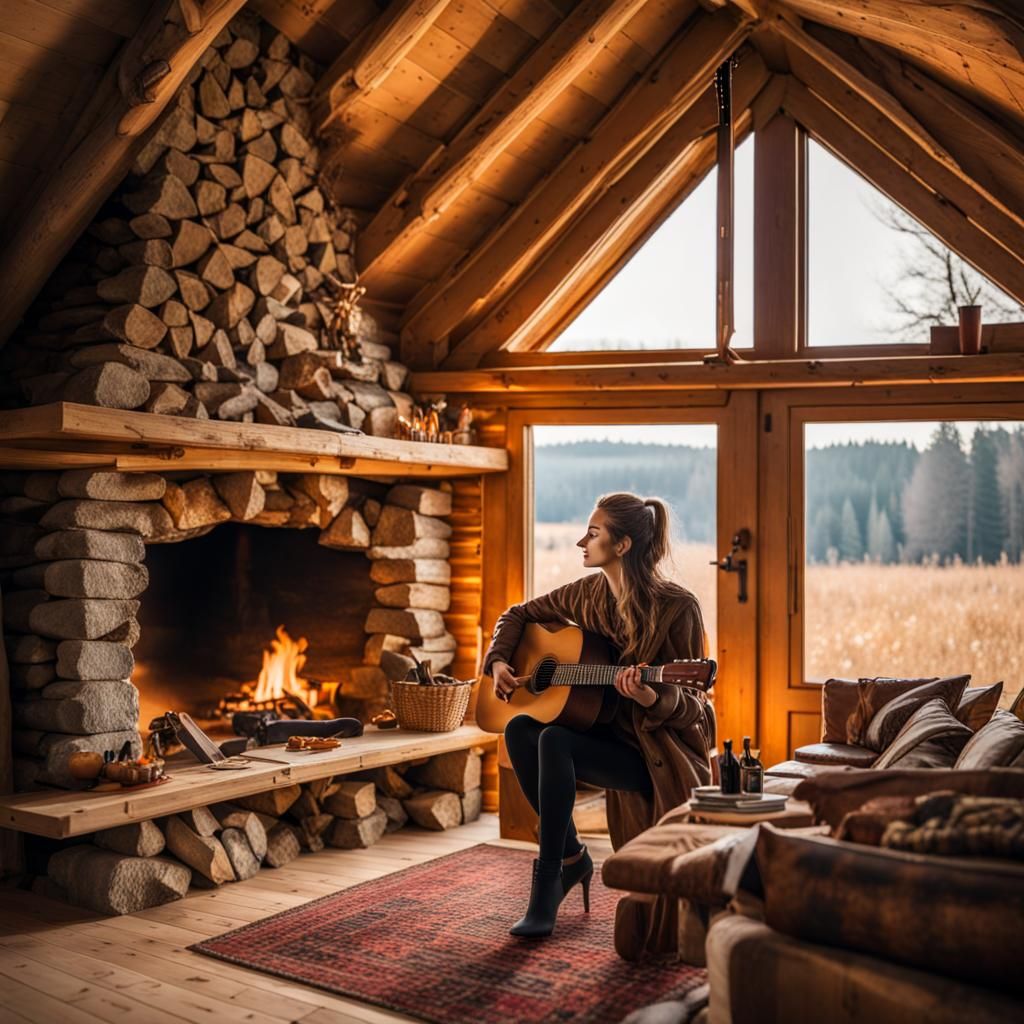 Cozy Cabin Interior with Fireplace and Guitar