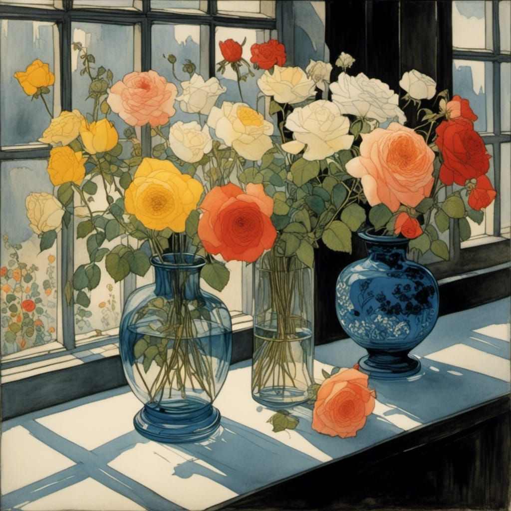 Roses in Vases on an Old-Fashioned Windowsill