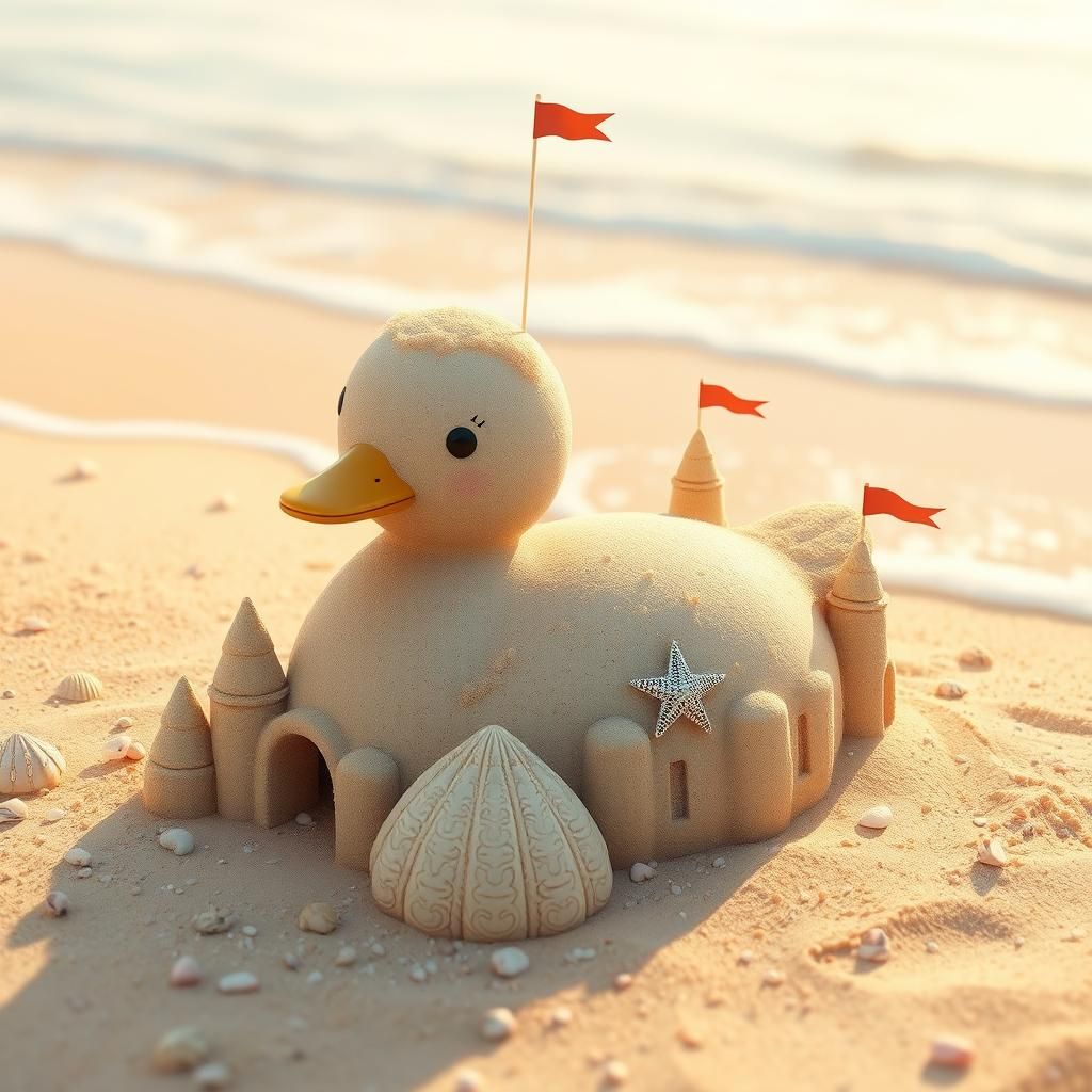 Duck Sandcastle on Sunny Beach, Dreamy Digital Art