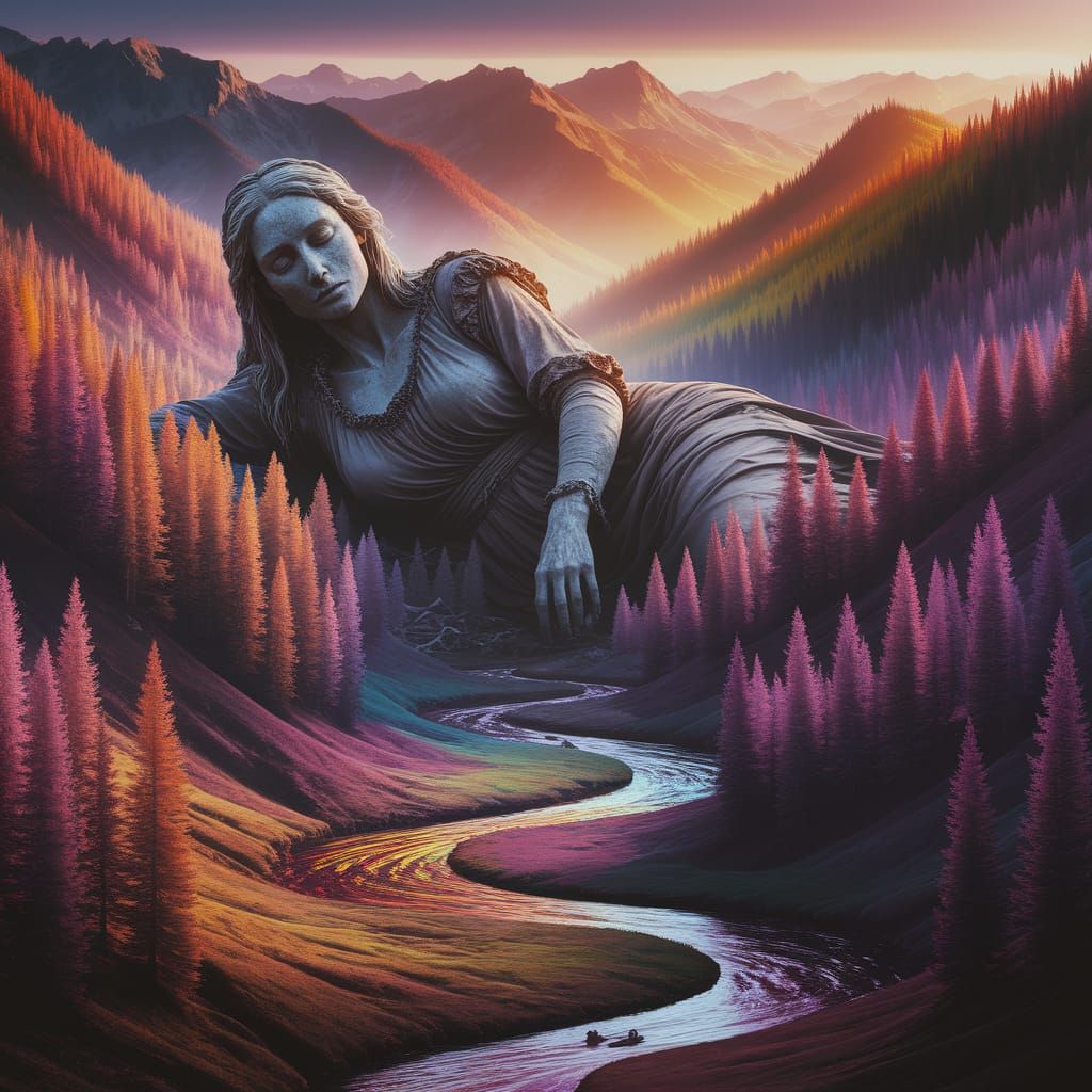 Giant Petrified Woman Slumbers in Vibrant Mountain Landscape