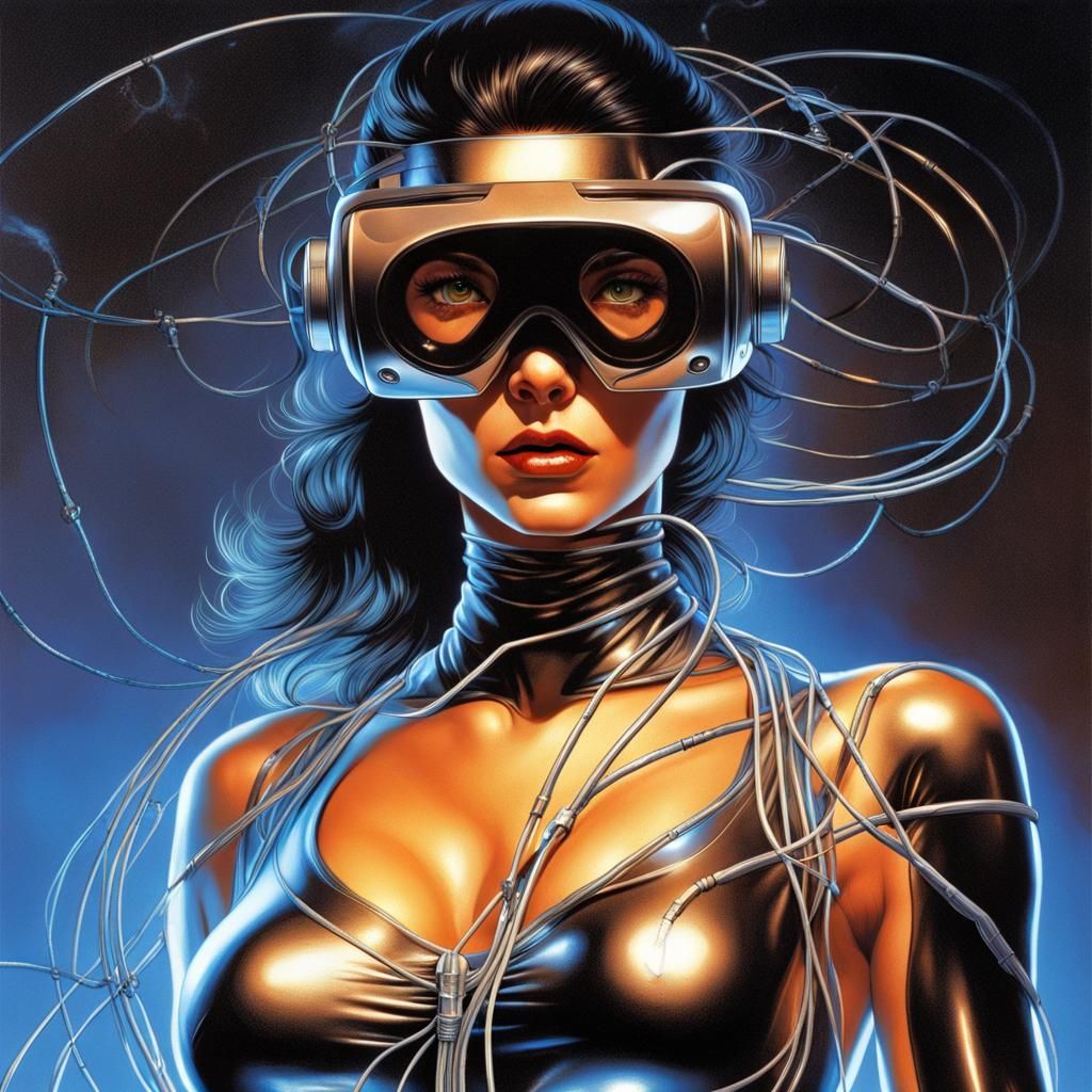 Woman in VR Goggles, 80s Comic Art Style