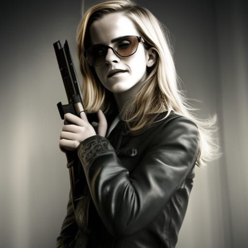 Hyperrealistic Blonde Woman with Gun and Sunglasses