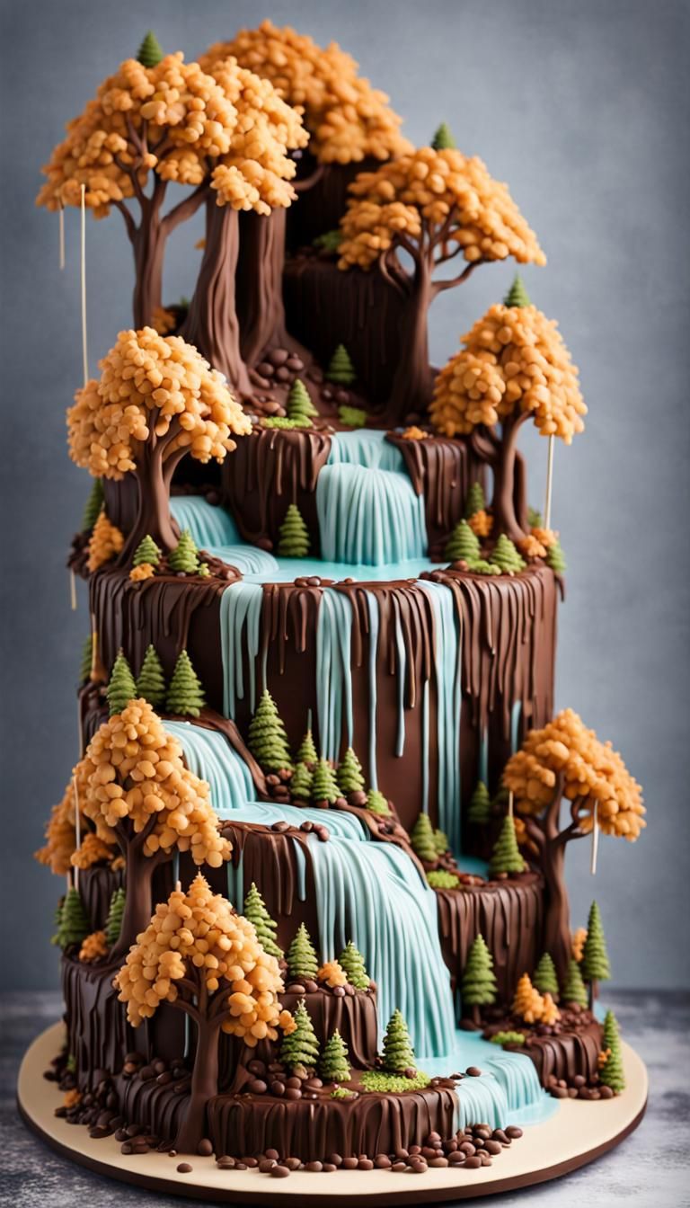 Sculptured Forest Celebration Cake with Icing Waterfall