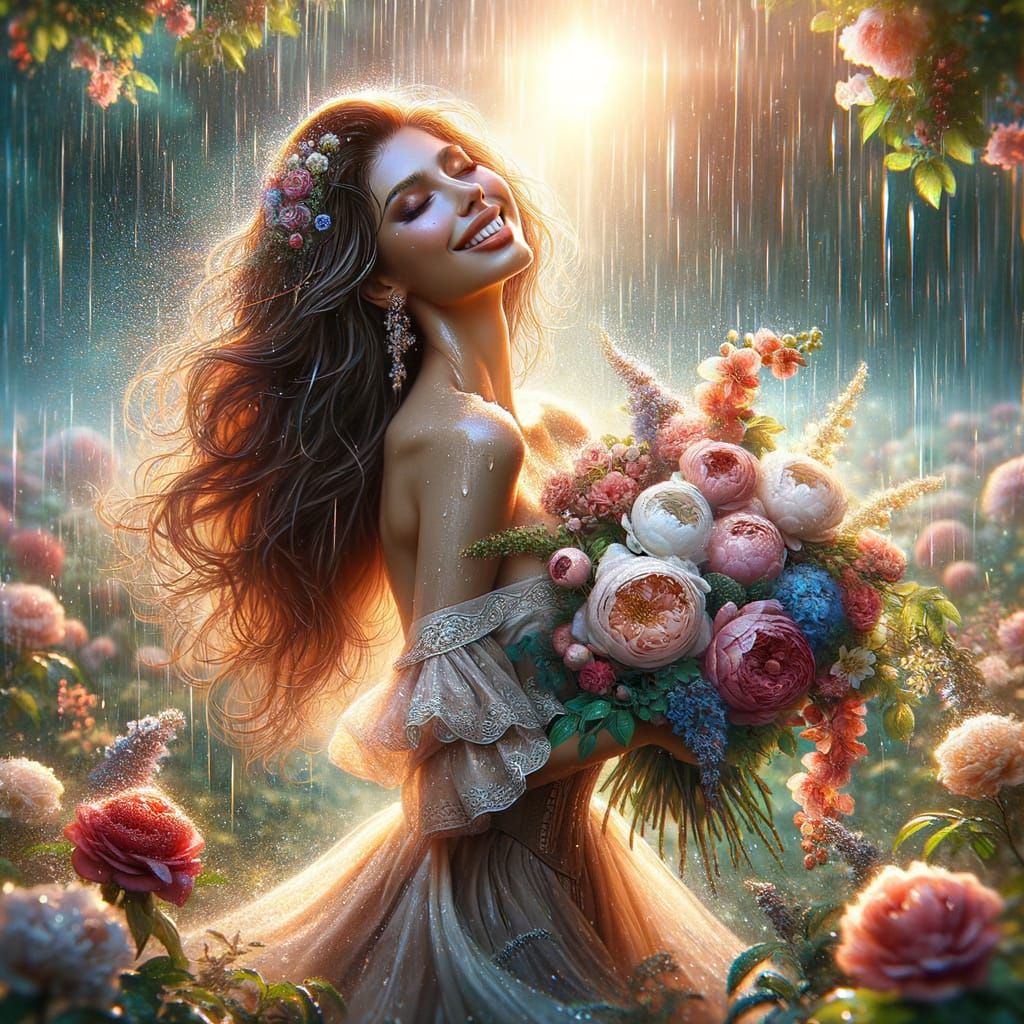 Woman in Summer Rain, Detailed Matte Painting