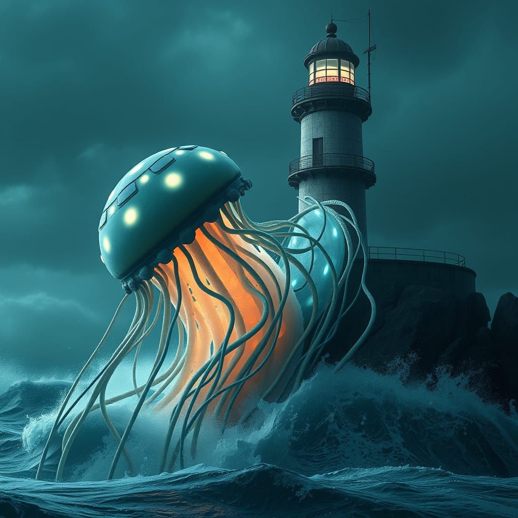 Giant Alien Jellyfish Hugs Lighthouse in Sci-Fi Storm