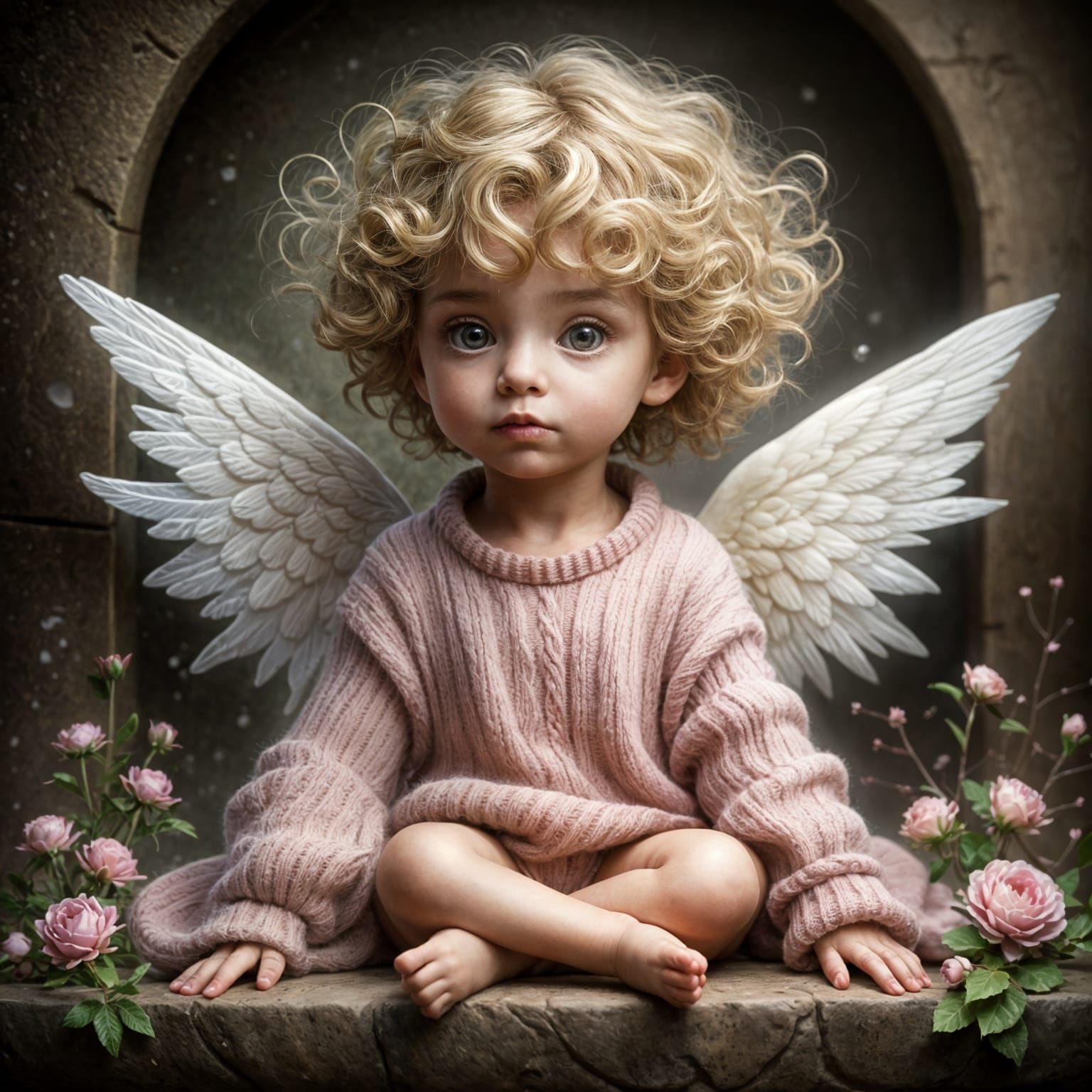 Ethereal Cherub Toddler in Pink Sweater with Angel Wings