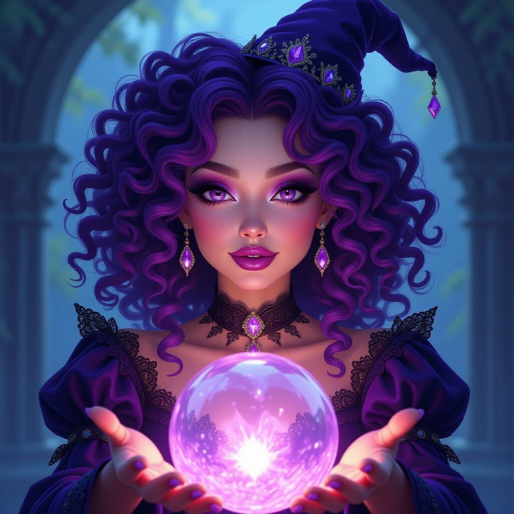 Miniature Purple Witch in Crystal Ball, Mystical Realism