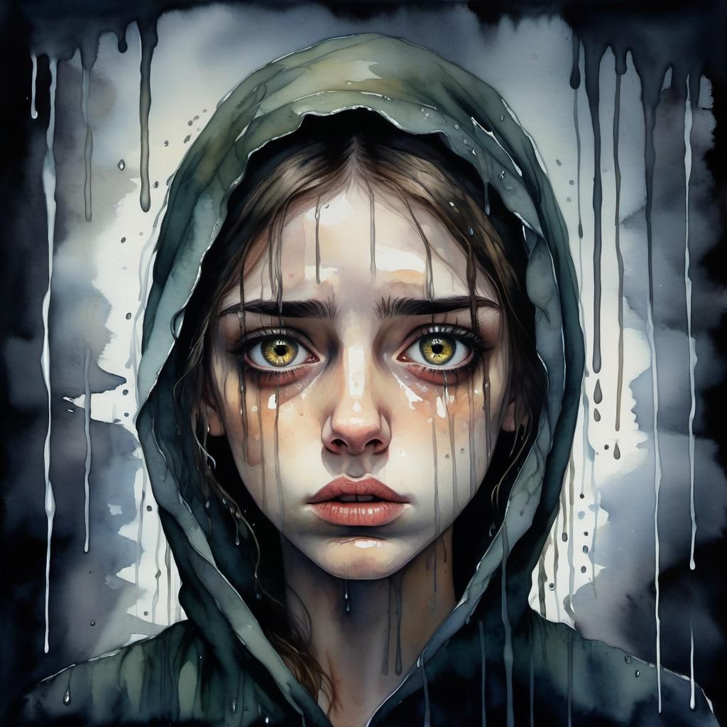 Sad Girl with Intense Expression in Watercolour