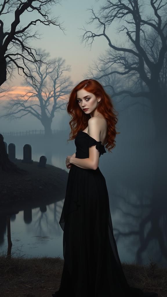 Ethereal Woman at Lakeside Graveyard in Dreamy Style