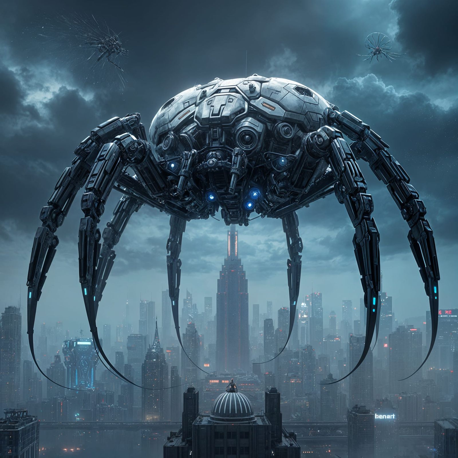 Mechanical Spider in Cyberpunk Cityscape