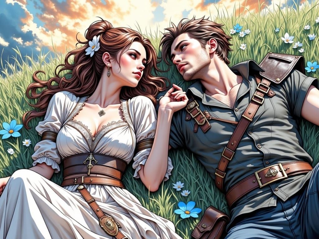 Romantic Warriors Gazing at Sky, in Fantasy Art Style