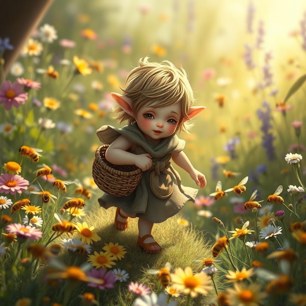 Enchanting Sprite Playing with Bees in Sunny Meadow