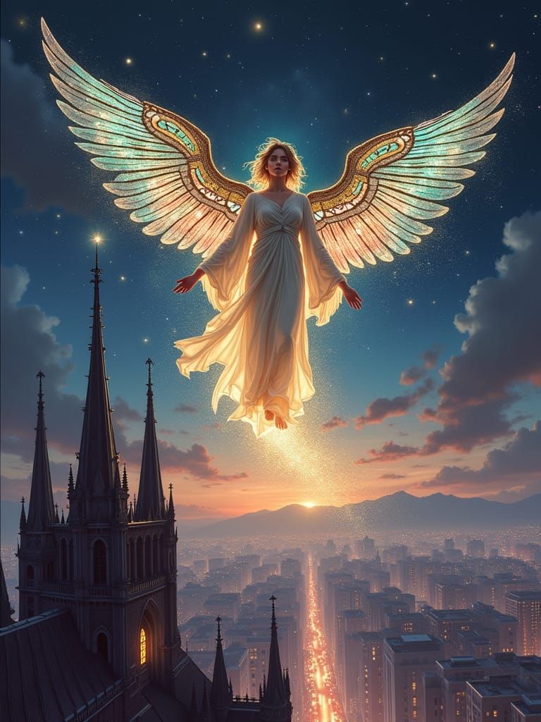 Celestial Being Over Futuristic City in Art Nouveau Style