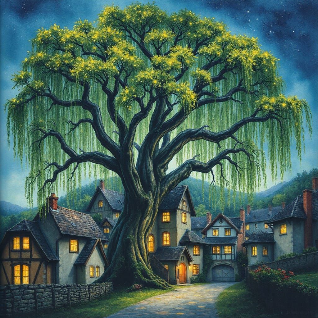 Luminous Willow Tree in Ancient Village, Illustrated Style