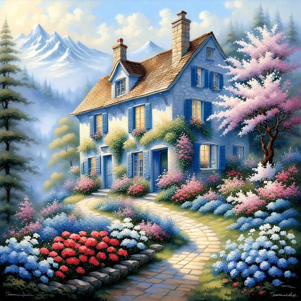 Ethereal Spring Garden with Cottage: Fantasy Art