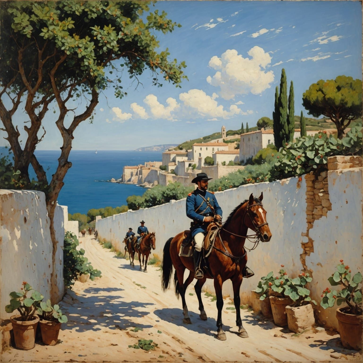 Carabinieri Patrol on Horseback, Impressionist Painting