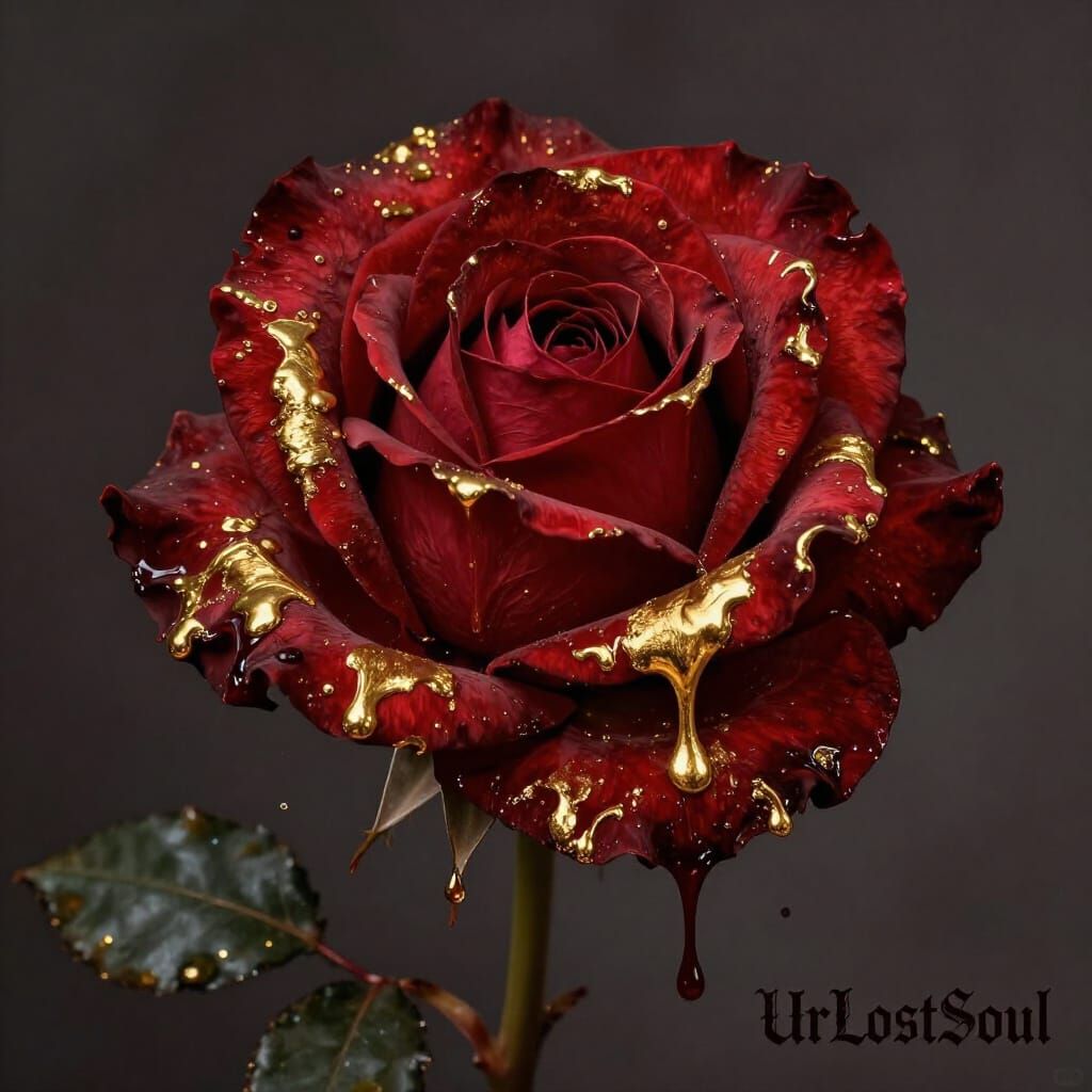 Wilting Rose Dripping Blood and Gold in Impasto Style