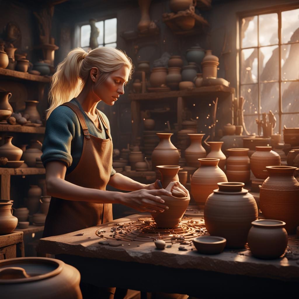 Blonde Potter in Studio: Detailed Matte Painting