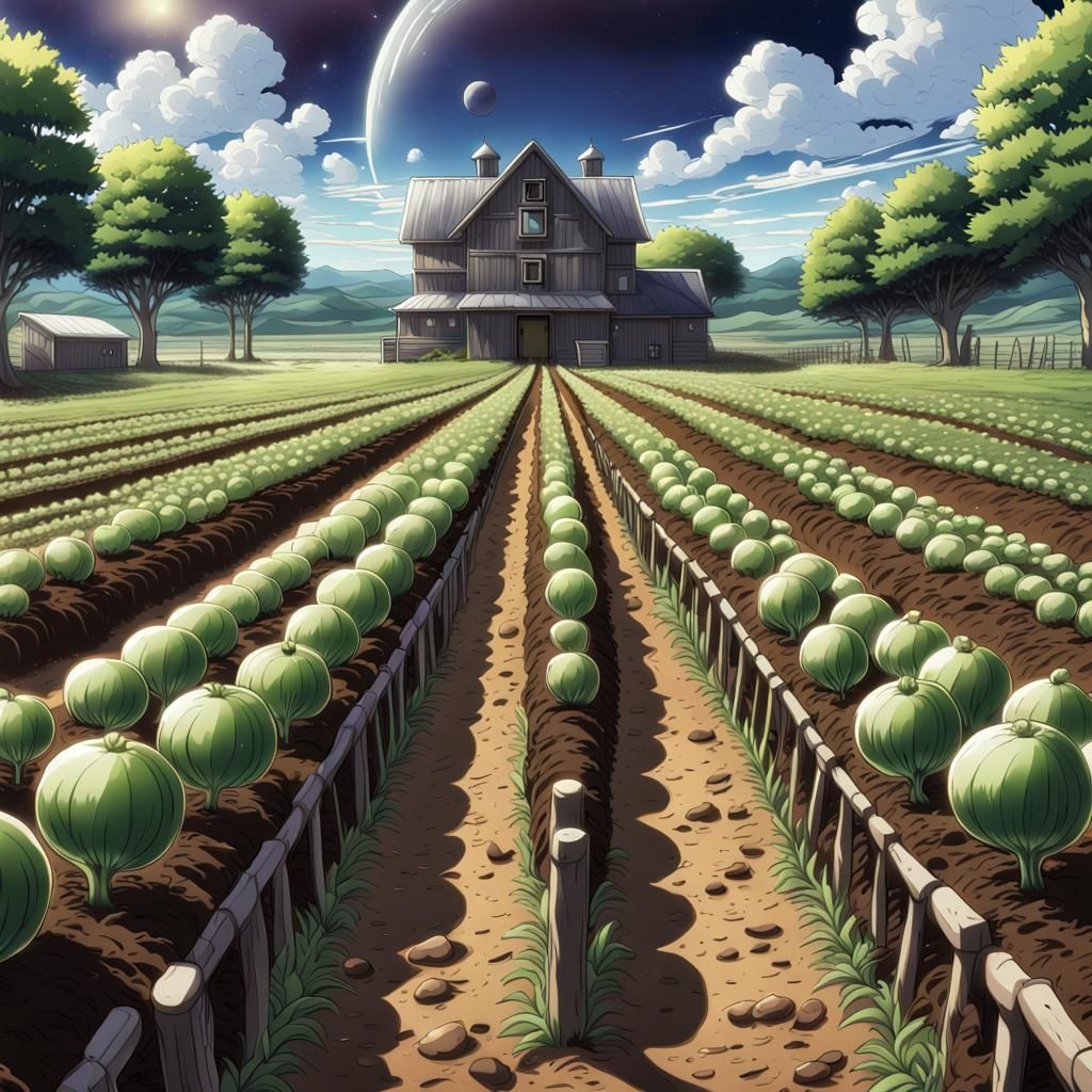 Alien Farm with Twin Suns in Anime Style