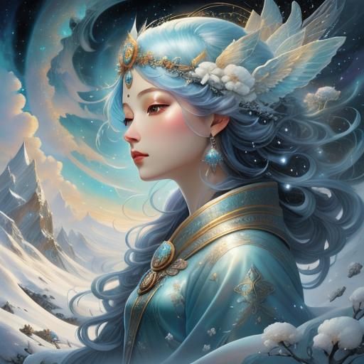 Winter Goddess in Magical Cloudscape: Digital Illustration