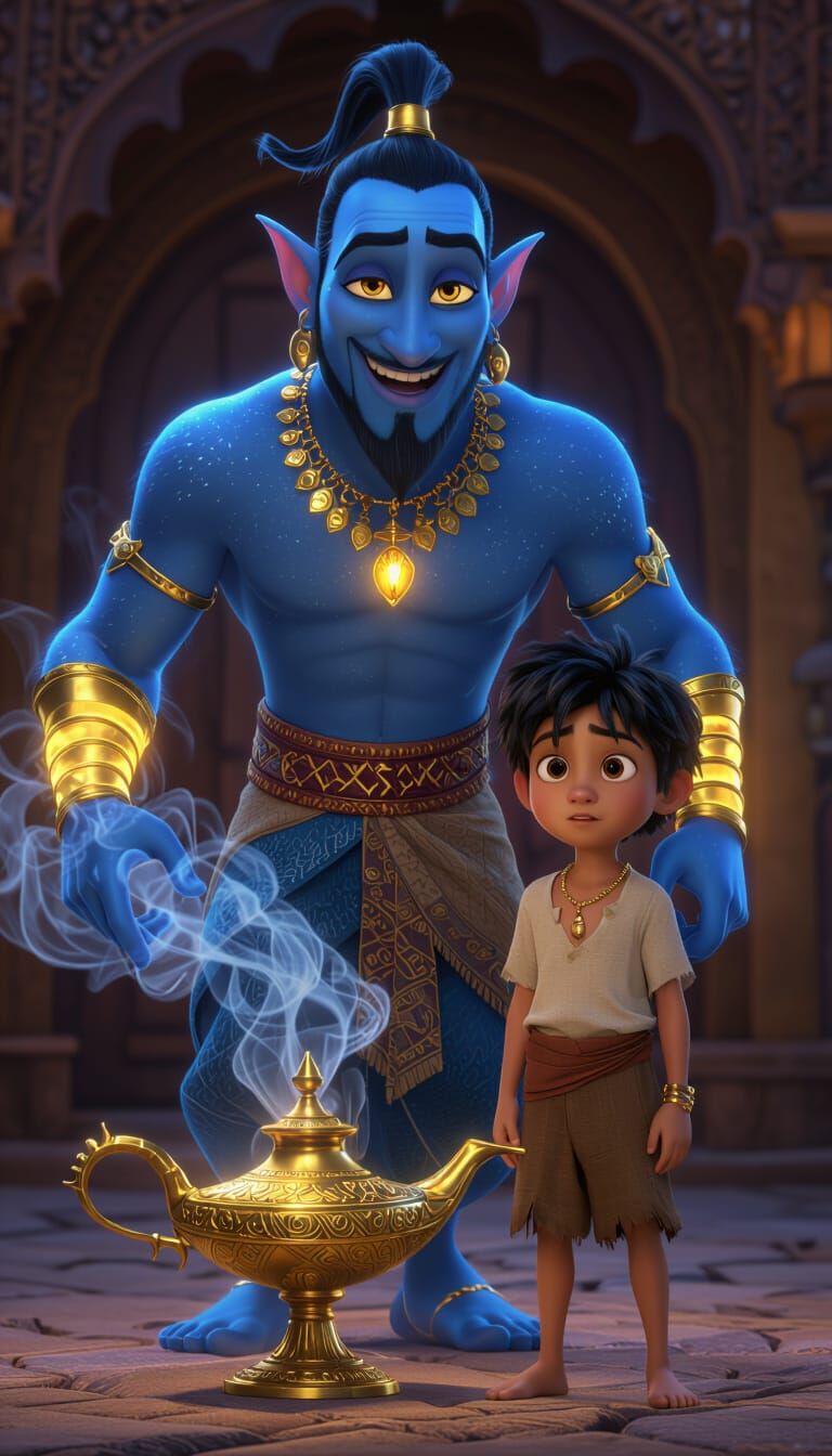 Blue Genie Emerges in Ultra-Realistic 3D Style