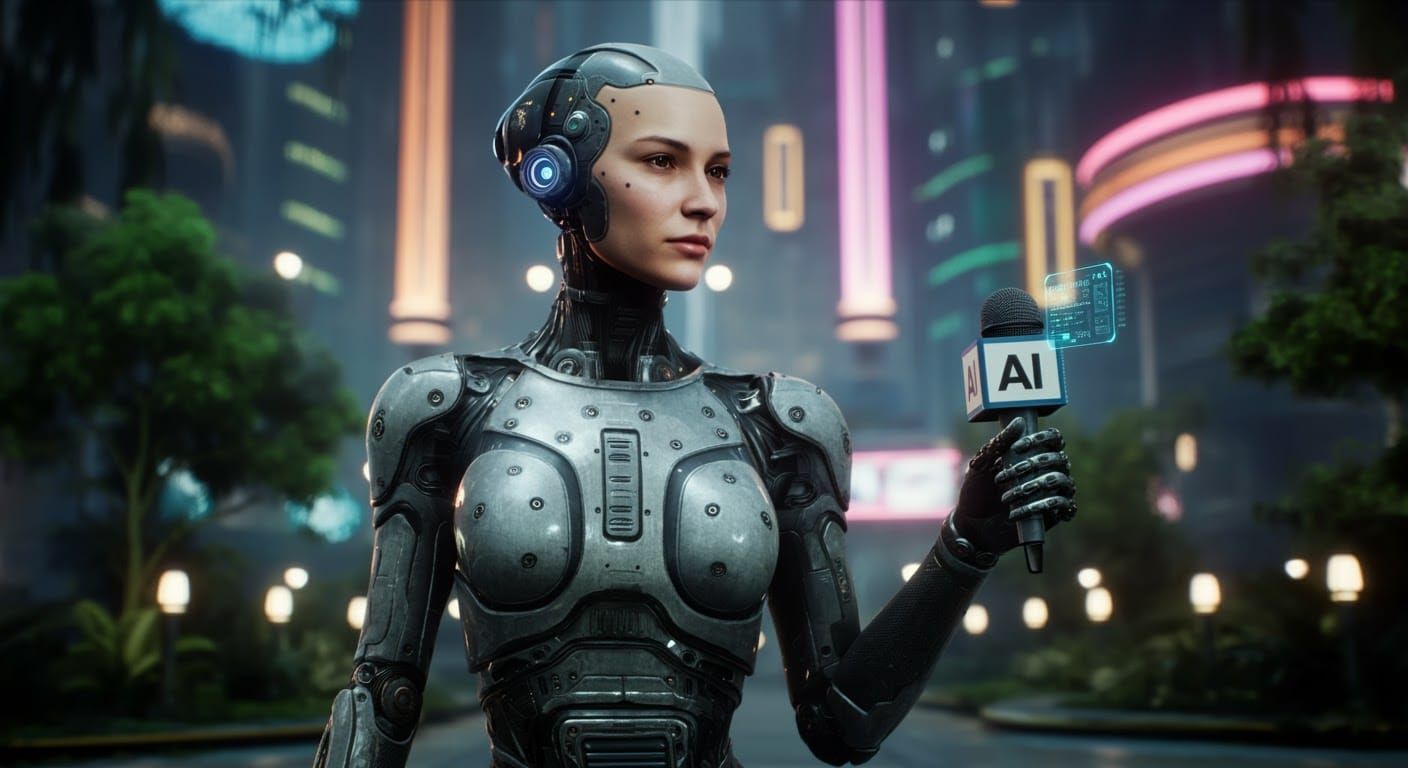 Cyborg Reporter in Futuristic Park, Digital Art