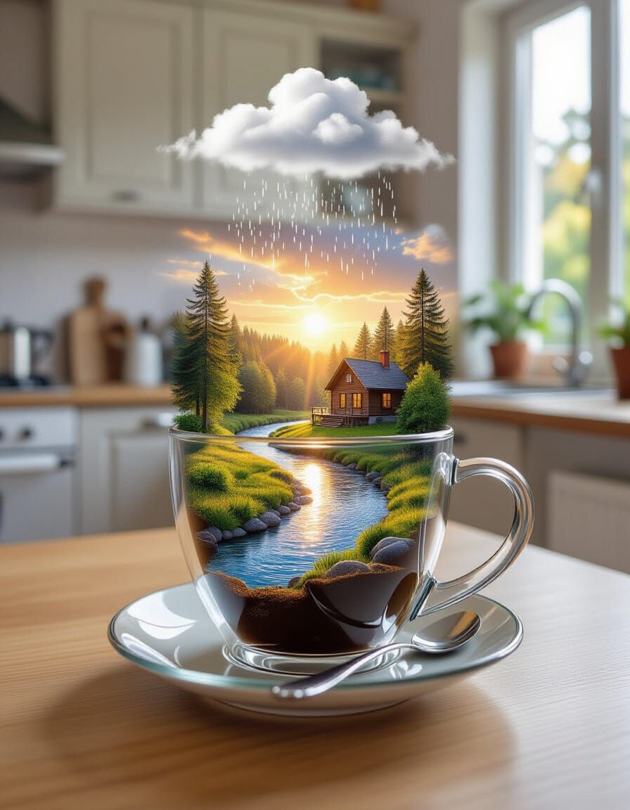 Miniature World Inside Coffee Tumbler, Cozy Kitchen Scene