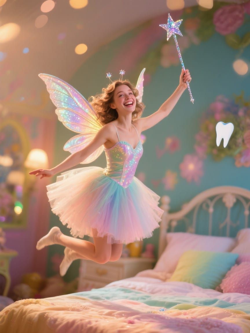 Joyful Tooth Fairy with Wand in Dreamy Bedroom