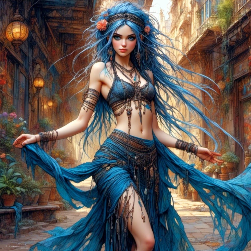 Beautiful Belly Dancer with Blue Hair in Fantasy Art Style
