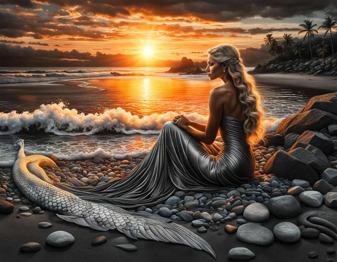 Monochromatic Chalk Art: Woman Sunbathing with Mermaids