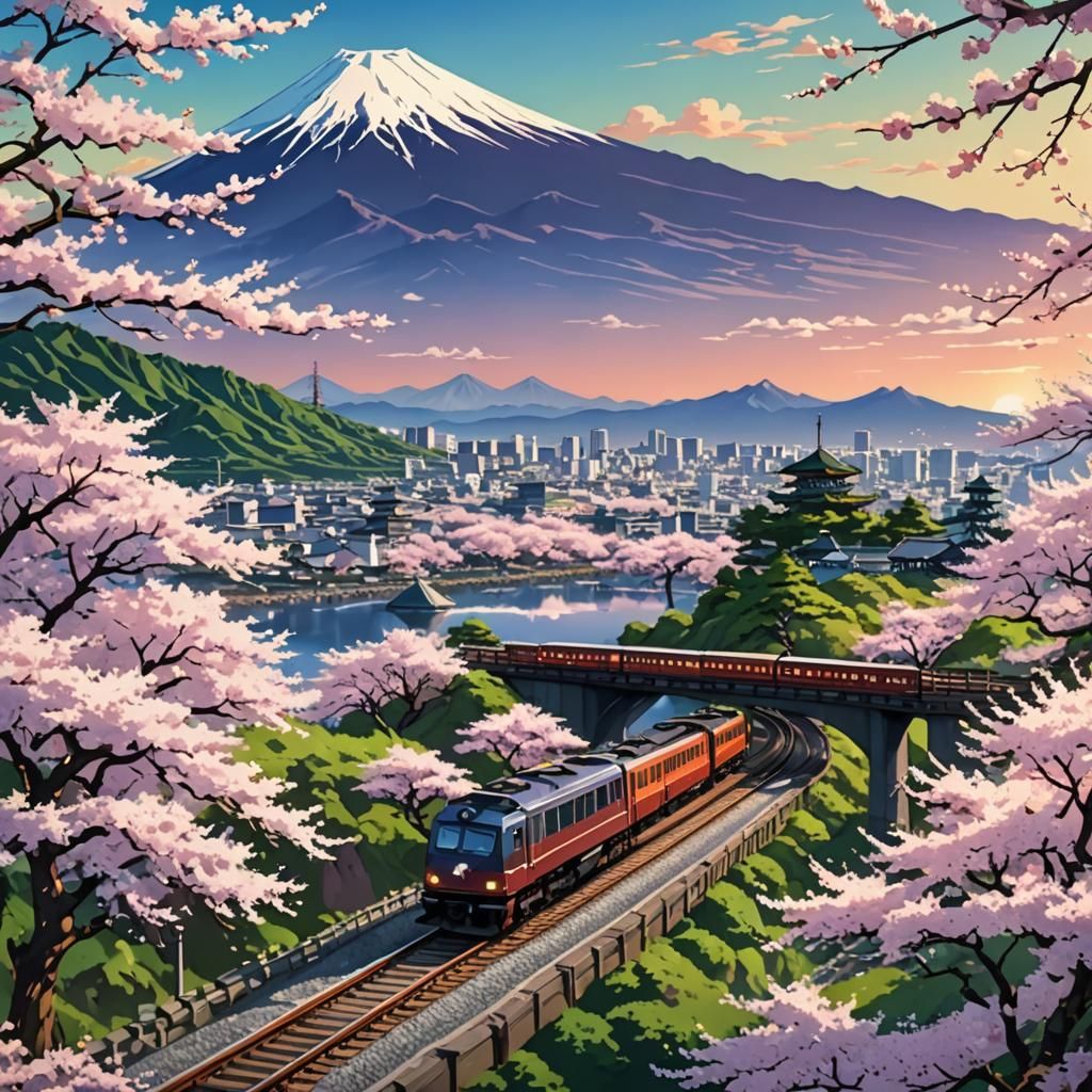 Japanese landscape with a train in railroad with blossom cherry trees and the mount Fuji background